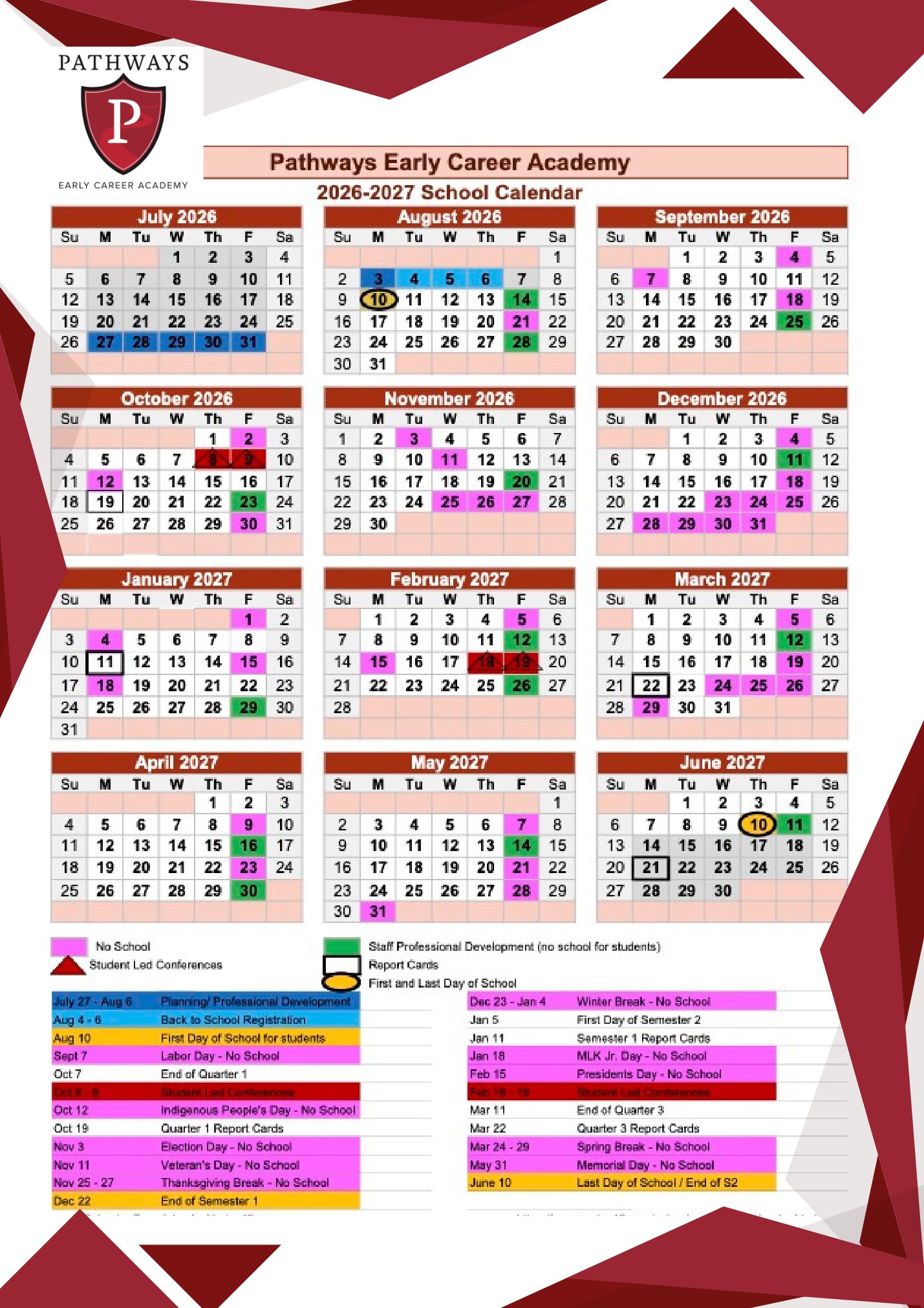 Pathways Early Career Academy 2026–27 school calendar
